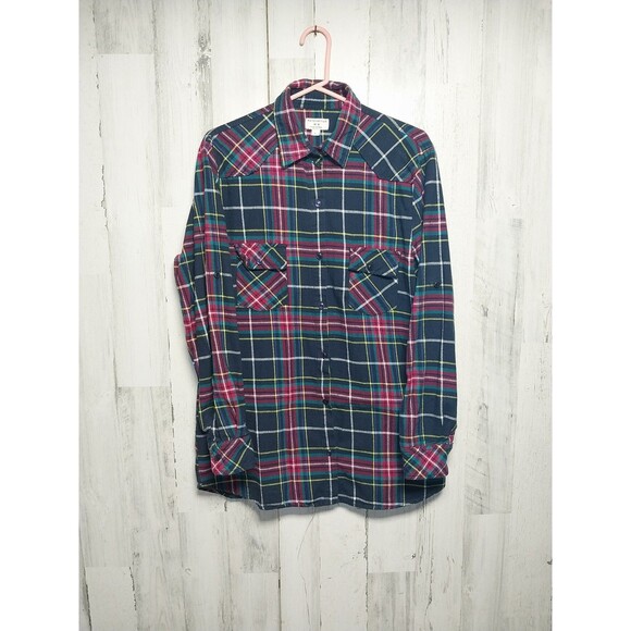 Matchstick Flannel Tunic Shirt Top Women L Button Long Sleeve Multicolor Plaid - Picture 1 of 11